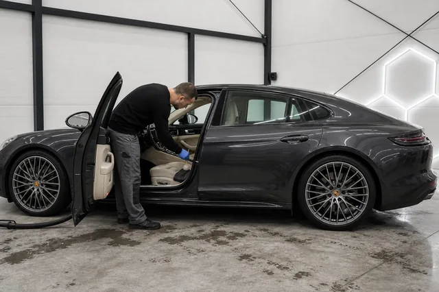 Detailing jasnego wnętrza Porsche Panamera w studiu Surowy Detailing