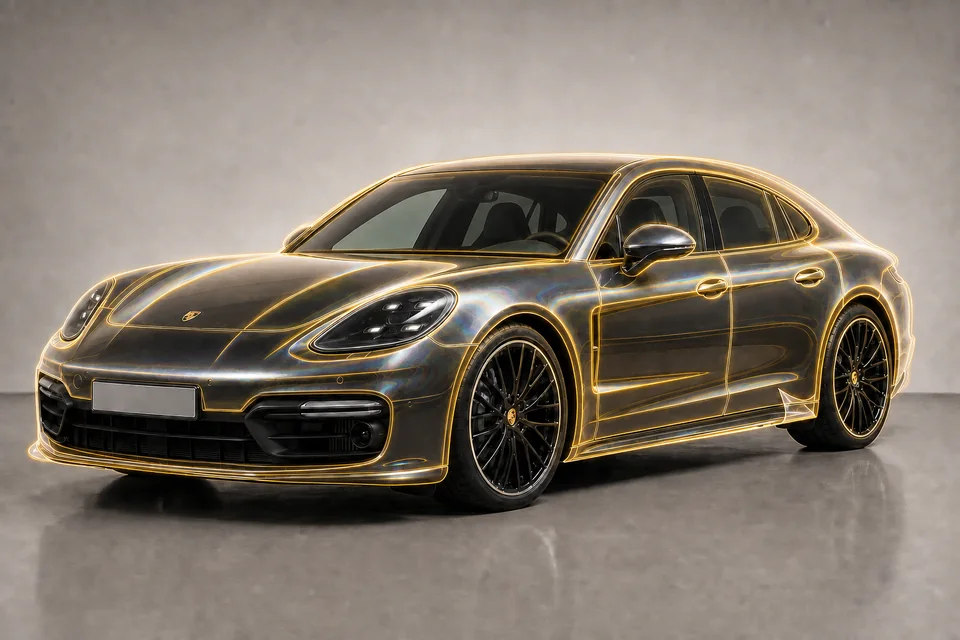 Poglądowa wizualizacja ochrony całego nadwozia Porsche Panamera folią PPF