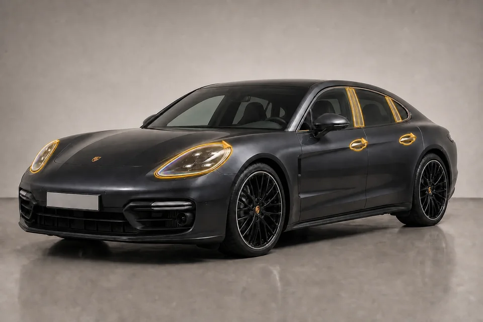 Poglądowa wizualizacja zabezpieczenia folią PPF klamek, słupków i lamp Porsche Panamera